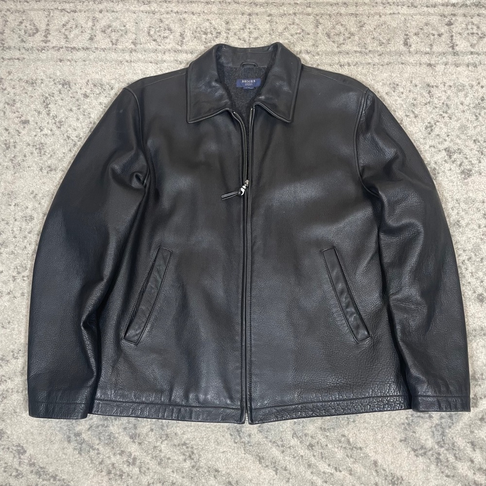 Brooks Sport Black Pebbled Leather Jacket Wool Blend Lined Men's Medium EUC